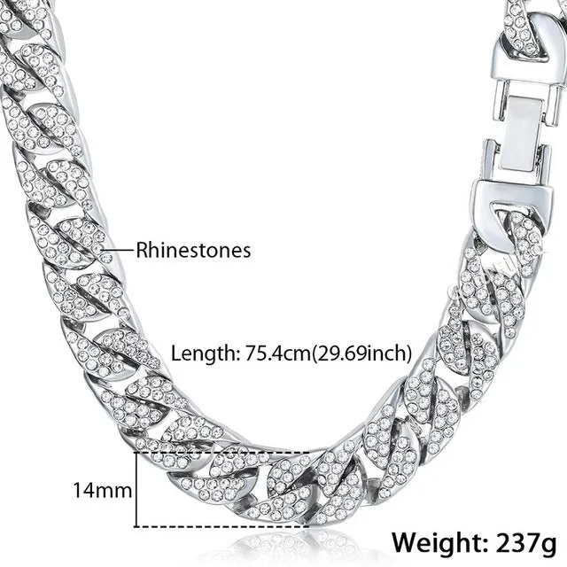 Men's Necklace Iced Out Miami Curb Cuban Gold Necklace Paved Clear Rhinestone
