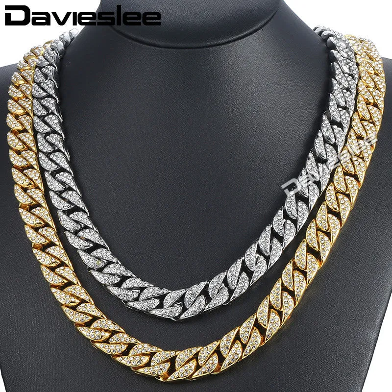 Men's Necklace Iced Out Miami Curb Cuban Gold Necklace Paved Clear Rhinestone