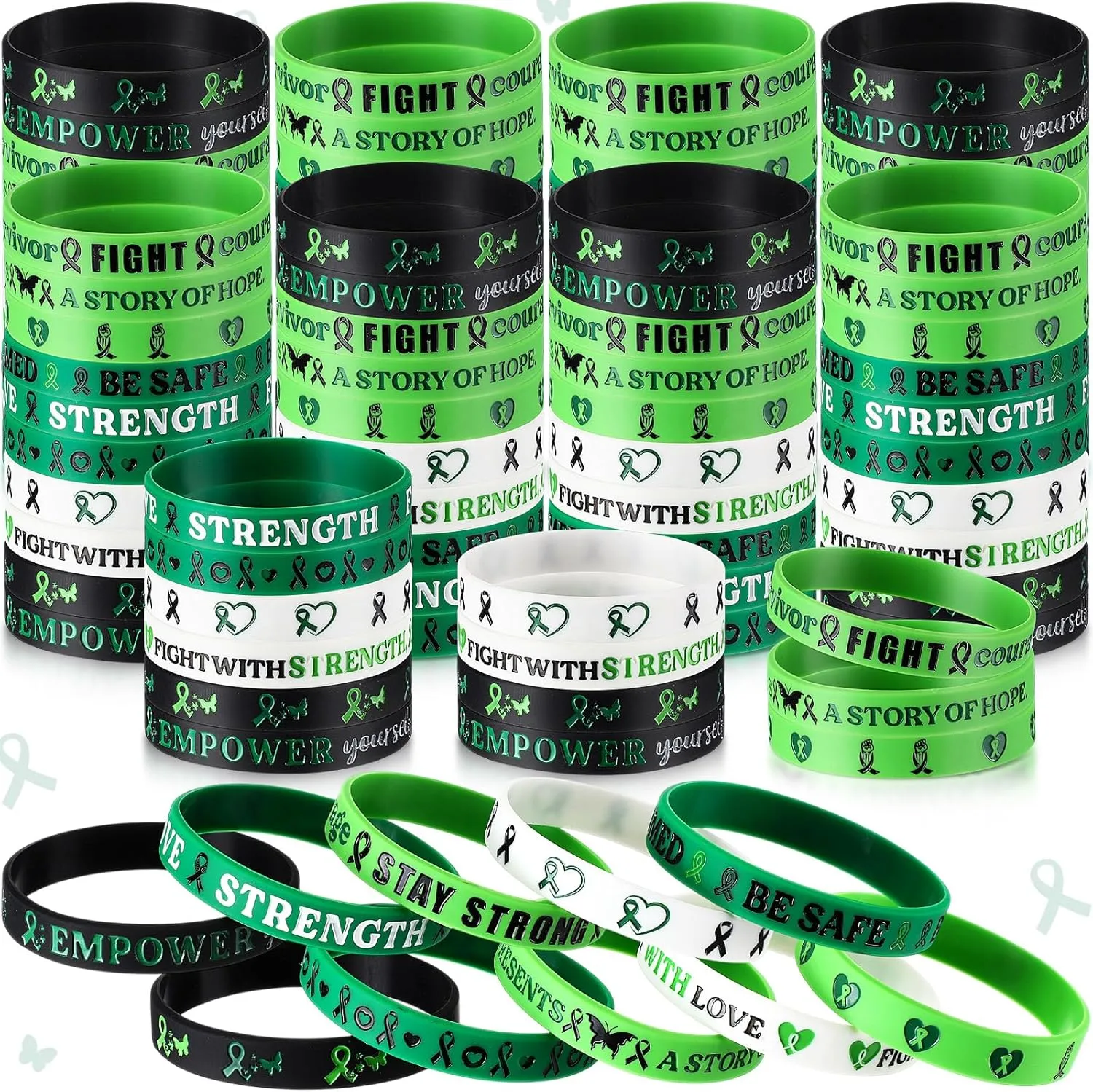 Mental Health Awareness Bracelets Bulk Green Ribbon Silicone Wristband Motivational Green Rubber Bracelets for Men Women Mental Health Awareness Month Gifts