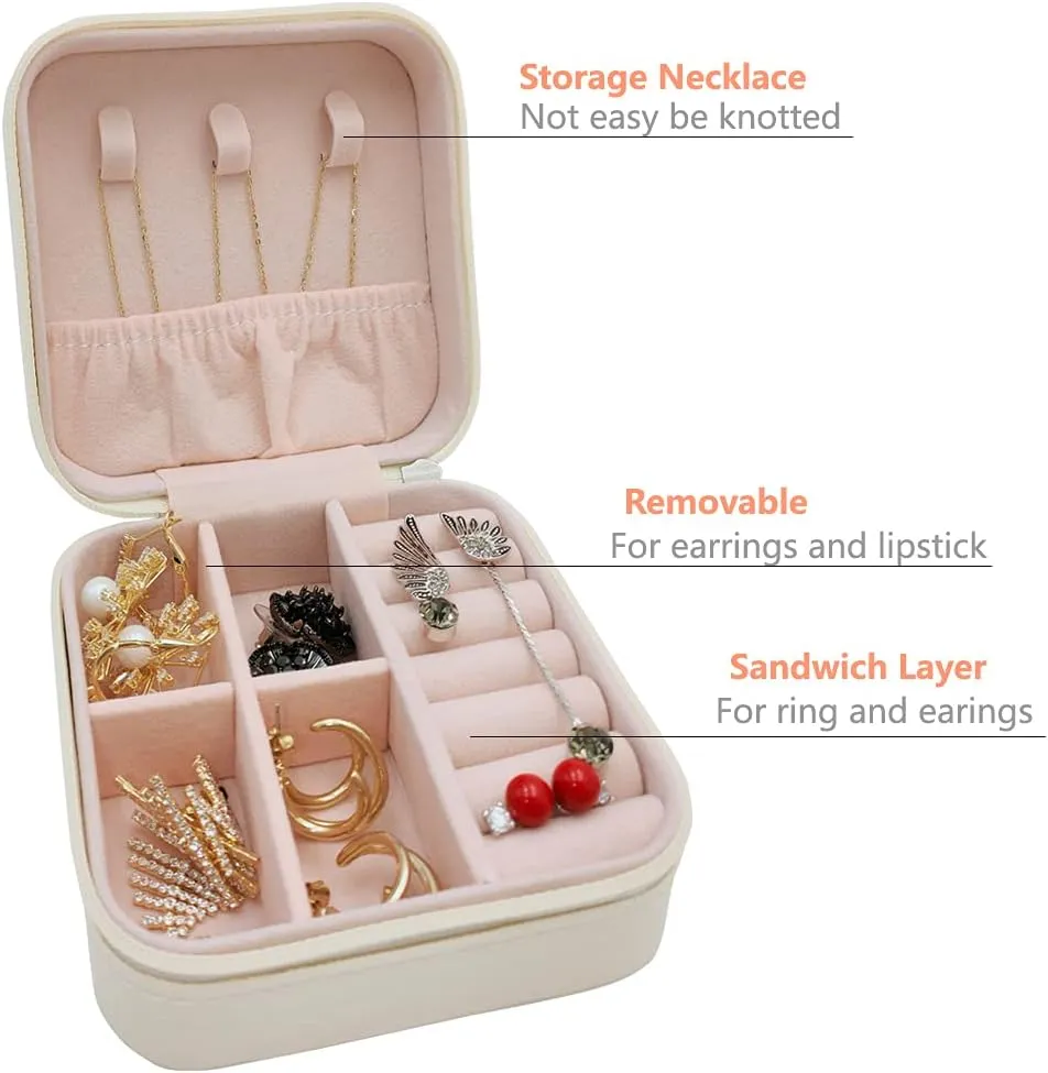 Mini Jewelry Case, Small Travel Jewelry Organizer, Portable Jewelry Box Mini Storage Organizer Display Box For Rings Earrings Necklaces (White)