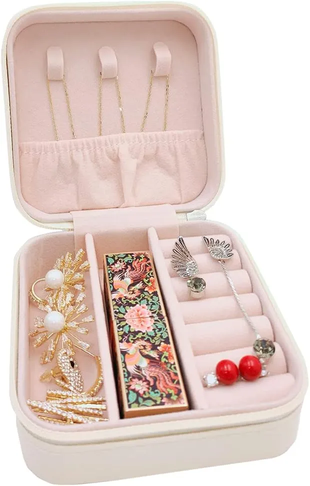 Mini Jewelry Case, Small Travel Jewelry Organizer, Portable Jewelry Box Mini Storage Organizer Display Box For Rings Earrings Necklaces (White)