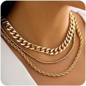 Missgrace Layered Gold Chain Necklaces for Women Gold Chunky Chain Choker Necklace Rope Ball Chains Punk Bar Jewelry Necklace for Women
