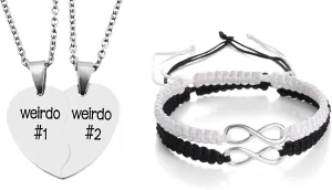 MJartoria Bundle - Best Friend Necklaces BFF Necklace for 2 Friendship Valentines Day and Couples Bracelets, Matching Bracelets for Couples His and Hers