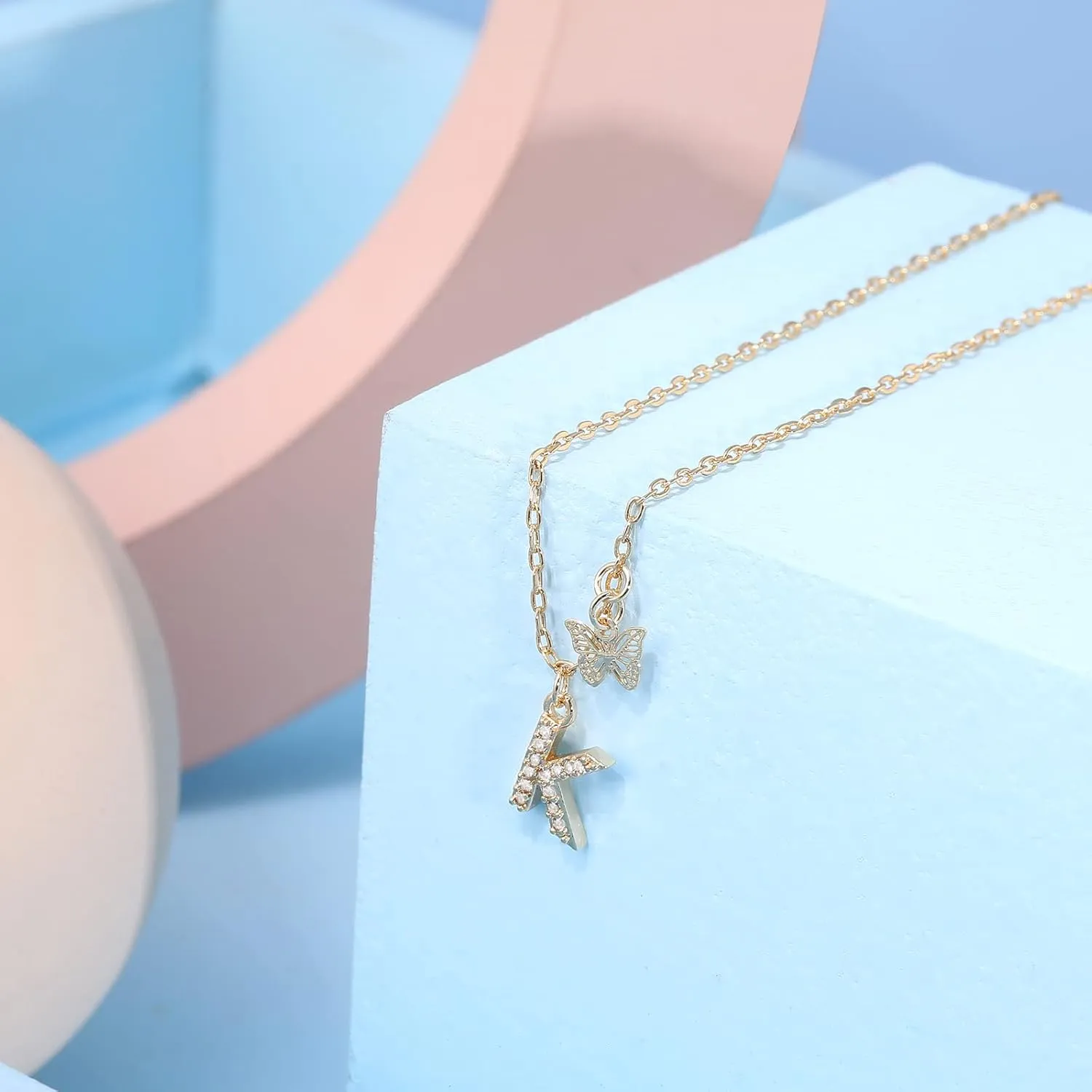 MJartoria Dainty Initial Necklace Butterfly Pendant Necklace, 14K Gold Plated Cubic Zirconia Letter Dainty Necklaces Jewelry Birthday Gifts for Women