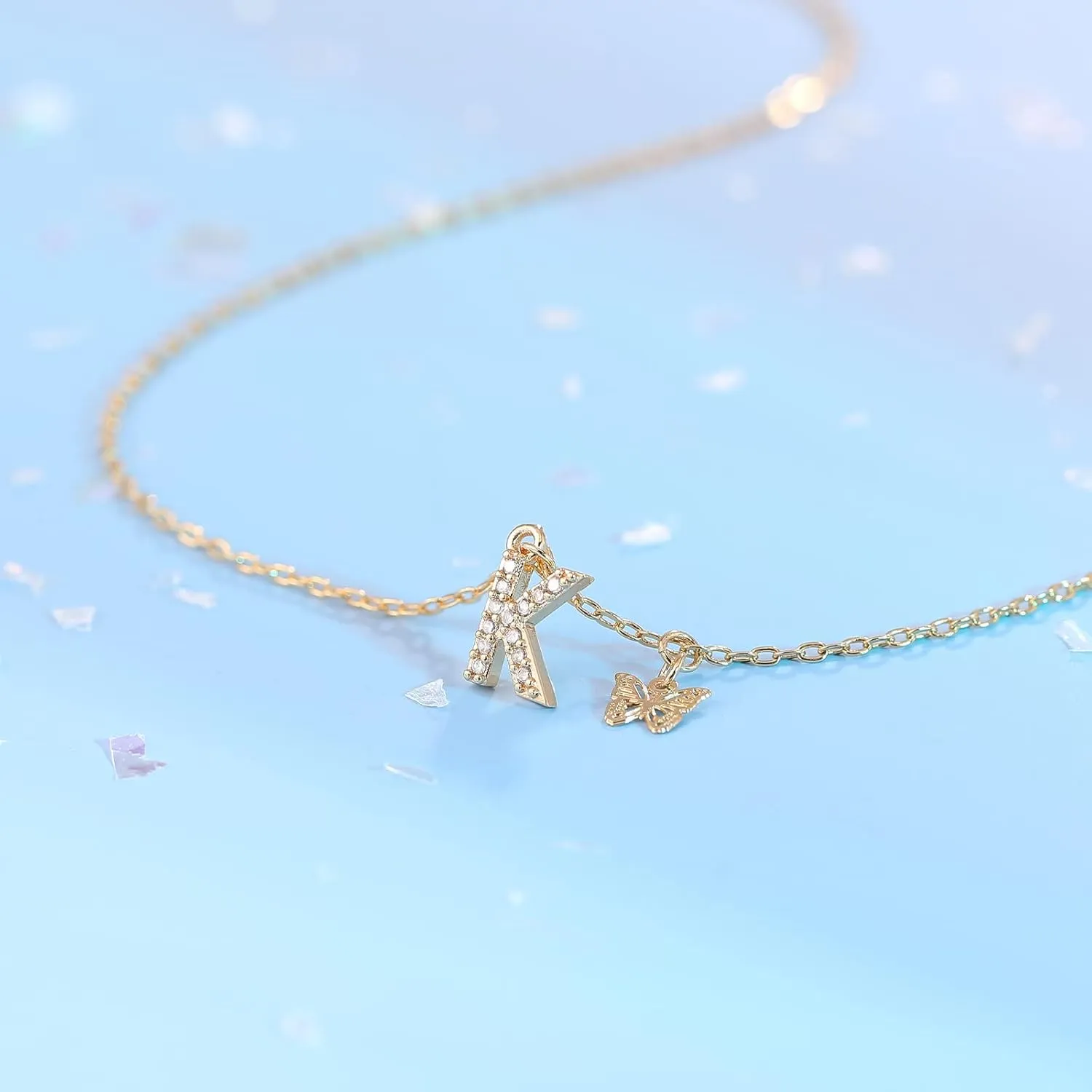 MJartoria Dainty Initial Necklace Butterfly Pendant Necklace, 14K Gold Plated Cubic Zirconia Letter Dainty Necklaces Jewelry Birthday Gifts for Women