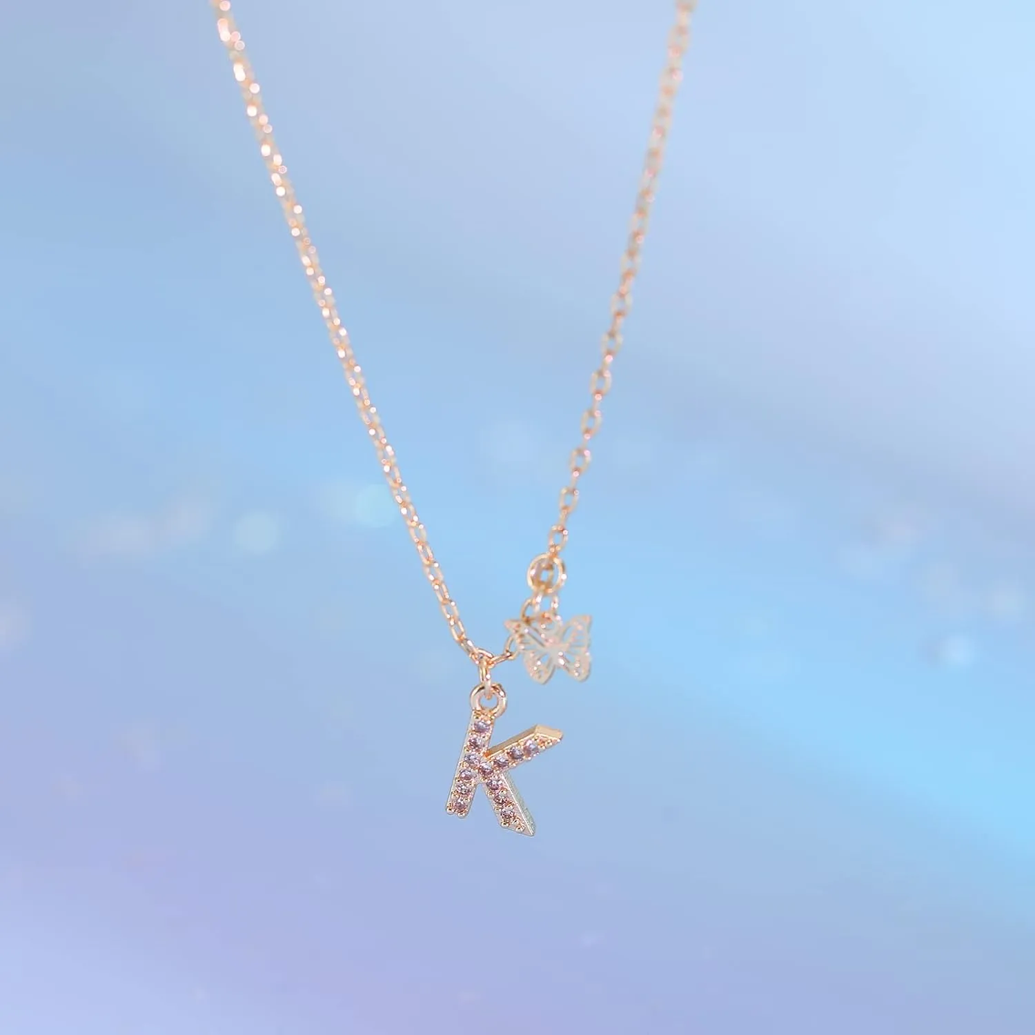MJartoria Dainty Initial Necklace Butterfly Pendant Necklace, 14K Gold Plated Cubic Zirconia Letter Dainty Necklaces Jewelry Birthday Gifts for Women