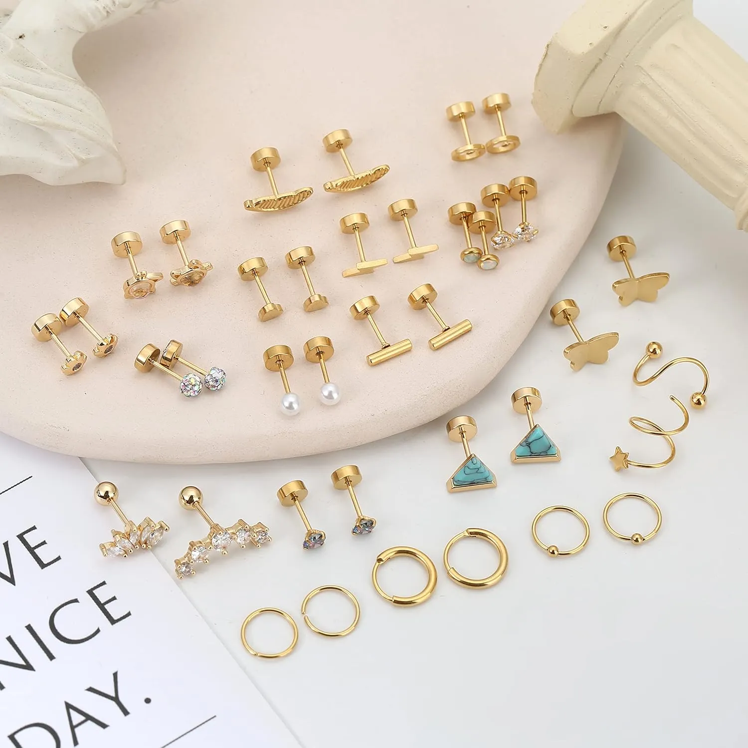 MJust 18 Pairs Womens Hypoallergenic Flat Back Stud Earrings, 20g Stainless Steel Earrings Sets for Men, Tiny Unisex Screw Back Cartilage Earrings.