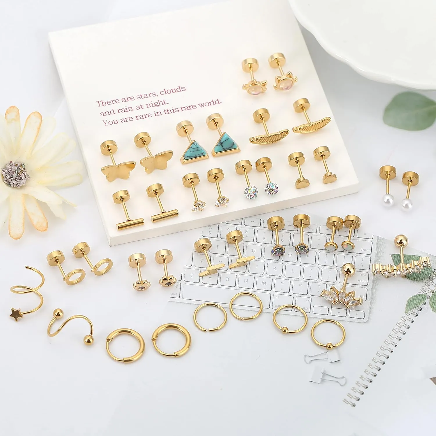 MJust 18 Pairs Womens Hypoallergenic Flat Back Stud Earrings, 20g Stainless Steel Earrings Sets for Men, Tiny Unisex Screw Back Cartilage Earrings.