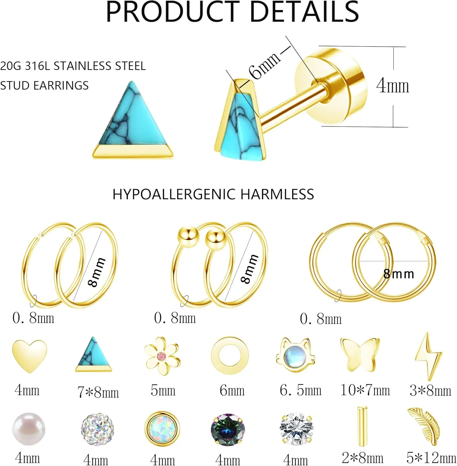 MJust 18 Pairs Womens Hypoallergenic Flat Back Stud Earrings, 20g Stainless Steel Earrings Sets for Men, Tiny Unisex Screw Back Cartilage Earrings.