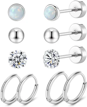 MJust 5 Pairs G23 Titanium Flat Back Earrings for Women & Men with Sensitive Ears  Hypoallergenic 20G Studs & Hoops with CZ, Opal, Pearl Designs for Cartilage