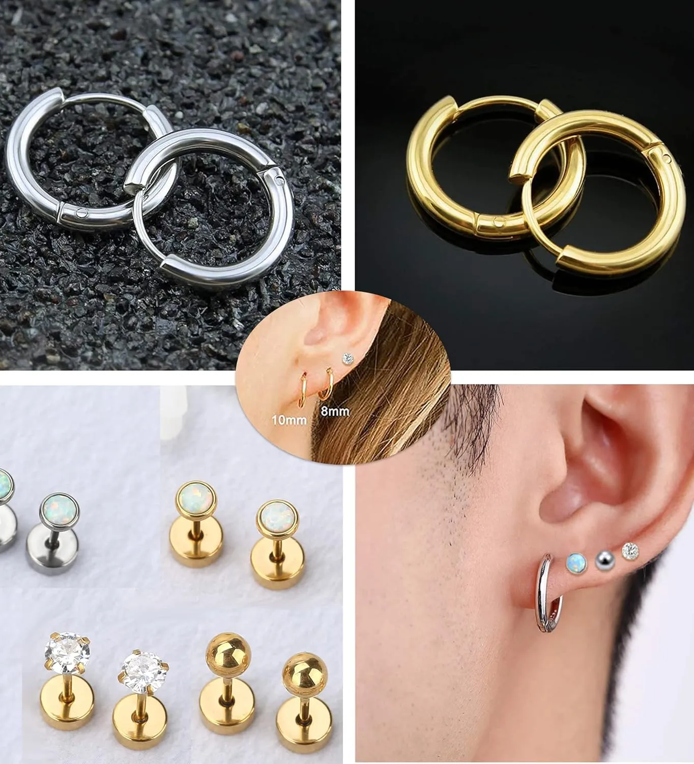 MJust 5 Pairs G23 Titanium Flat Back Earrings for Women & Men with Sensitive Ears  Hypoallergenic 20G Studs & Hoops with CZ, Opal, Pearl Designs for Cartilage