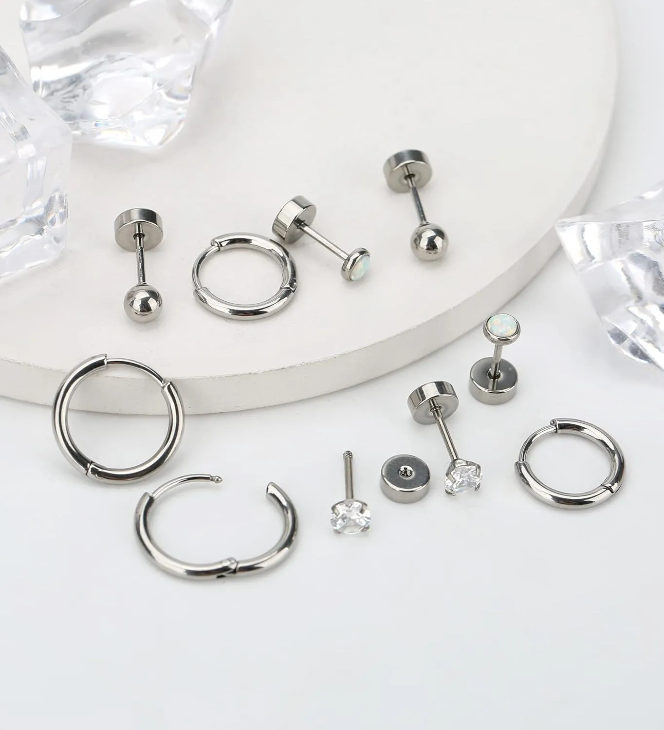 MJust 5 Pairs G23 Titanium Flat Back Earrings for Women & Men with Sensitive Ears  Hypoallergenic 20G Studs & Hoops with CZ, Opal, Pearl Designs for Cartilage