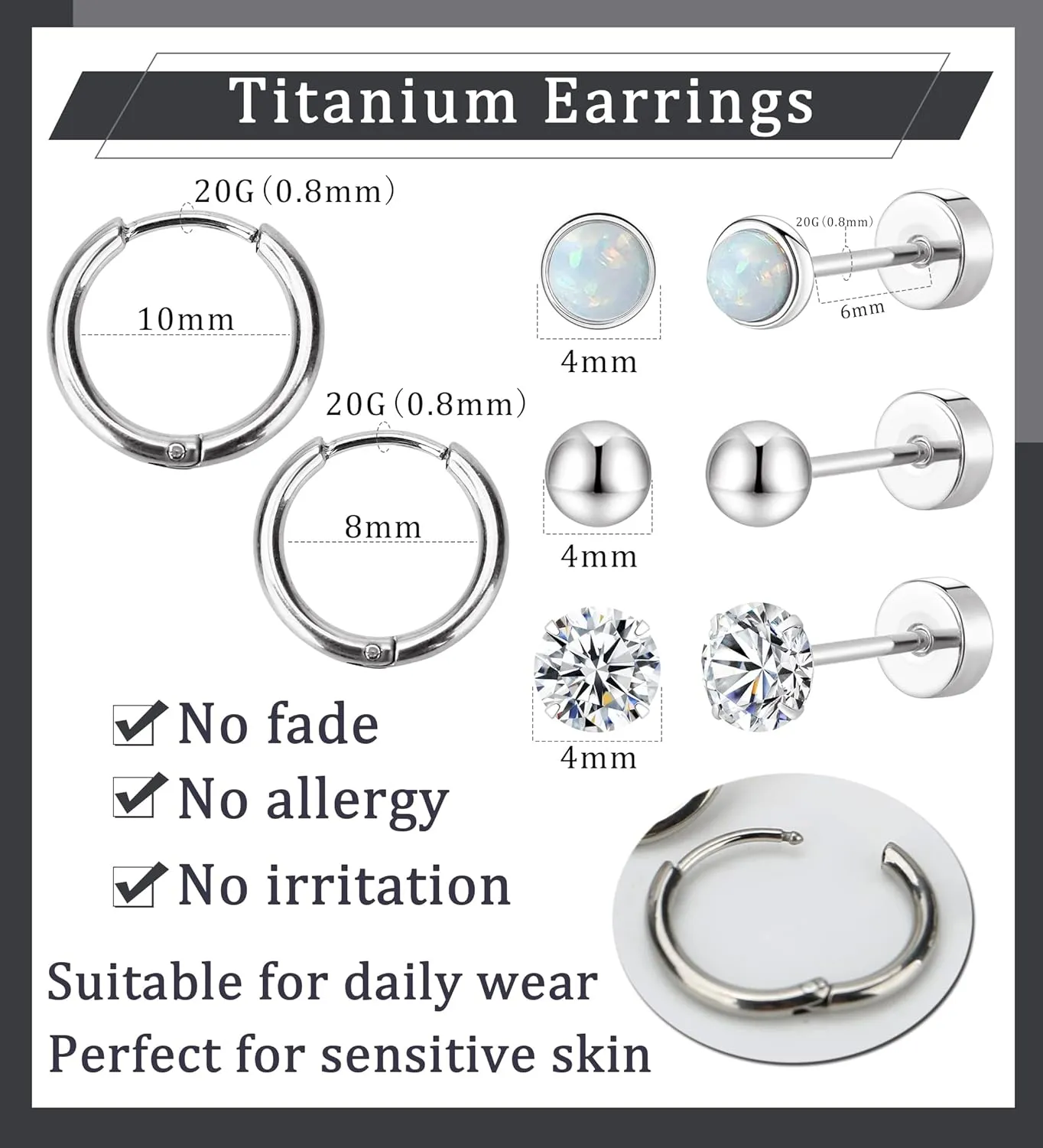 MJust 5 Pairs G23 Titanium Flat Back Earrings for Women & Men with Sensitive Ears  Hypoallergenic 20G Studs & Hoops with CZ, Opal, Pearl Designs for Cartilage