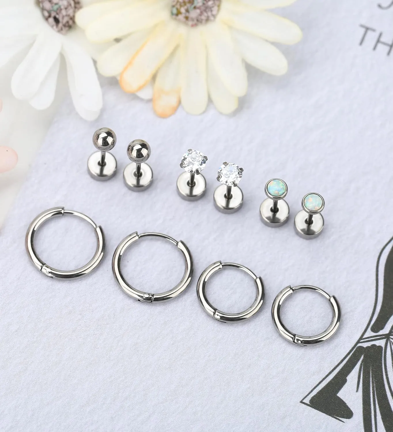 MJust 5 Pairs G23 Titanium Flat Back Earrings for Women & Men with Sensitive Ears  Hypoallergenic 20G Studs & Hoops with CZ, Opal, Pearl Designs for Cartilage