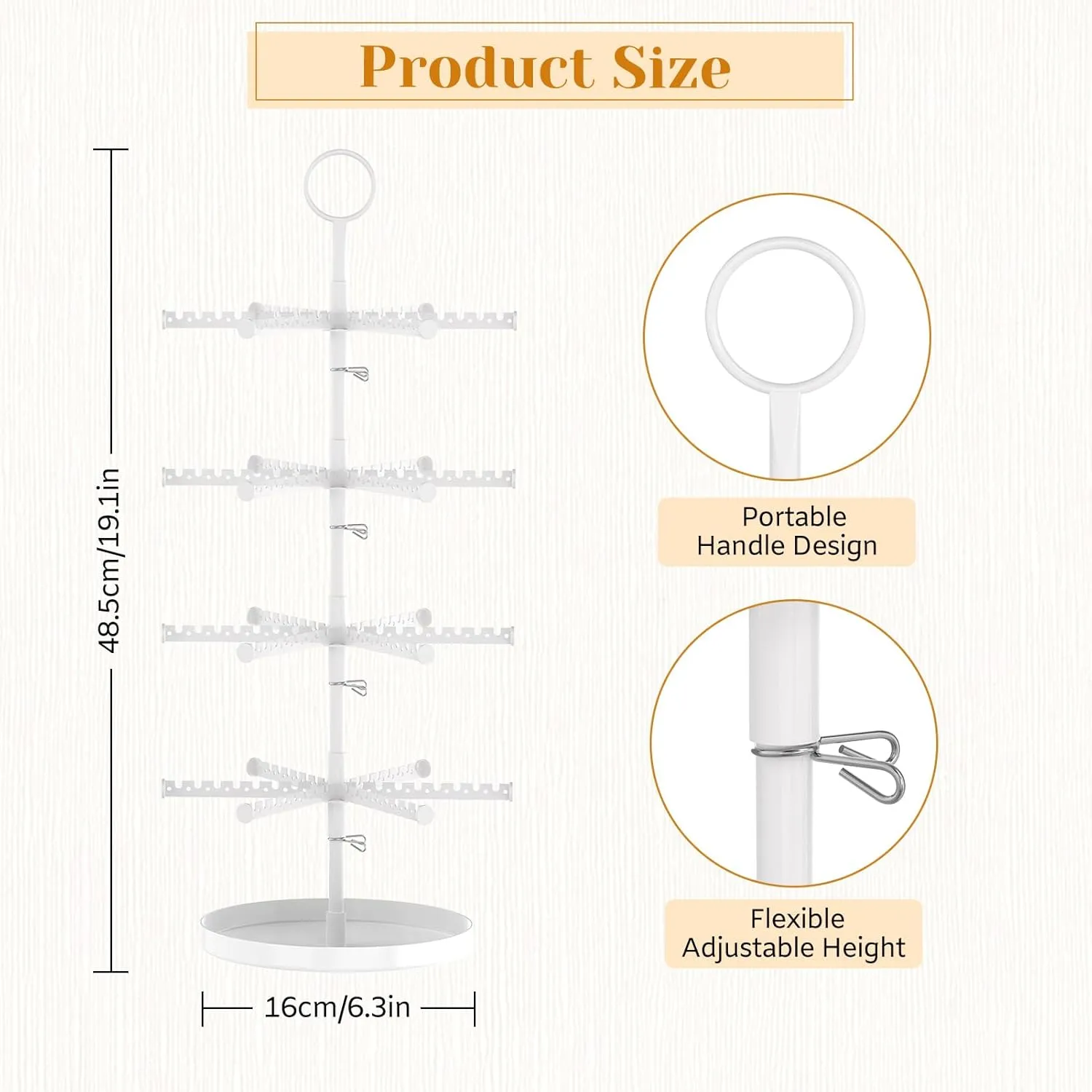 MODOWEY 4 Tier Metal Rotating Earring Holder Organizer Stand Adjustable Display Tree for Women Girl, 384 Holes and Grooves Rack Tower for Pierced Dangle Necklace Bracelet Ring(White)