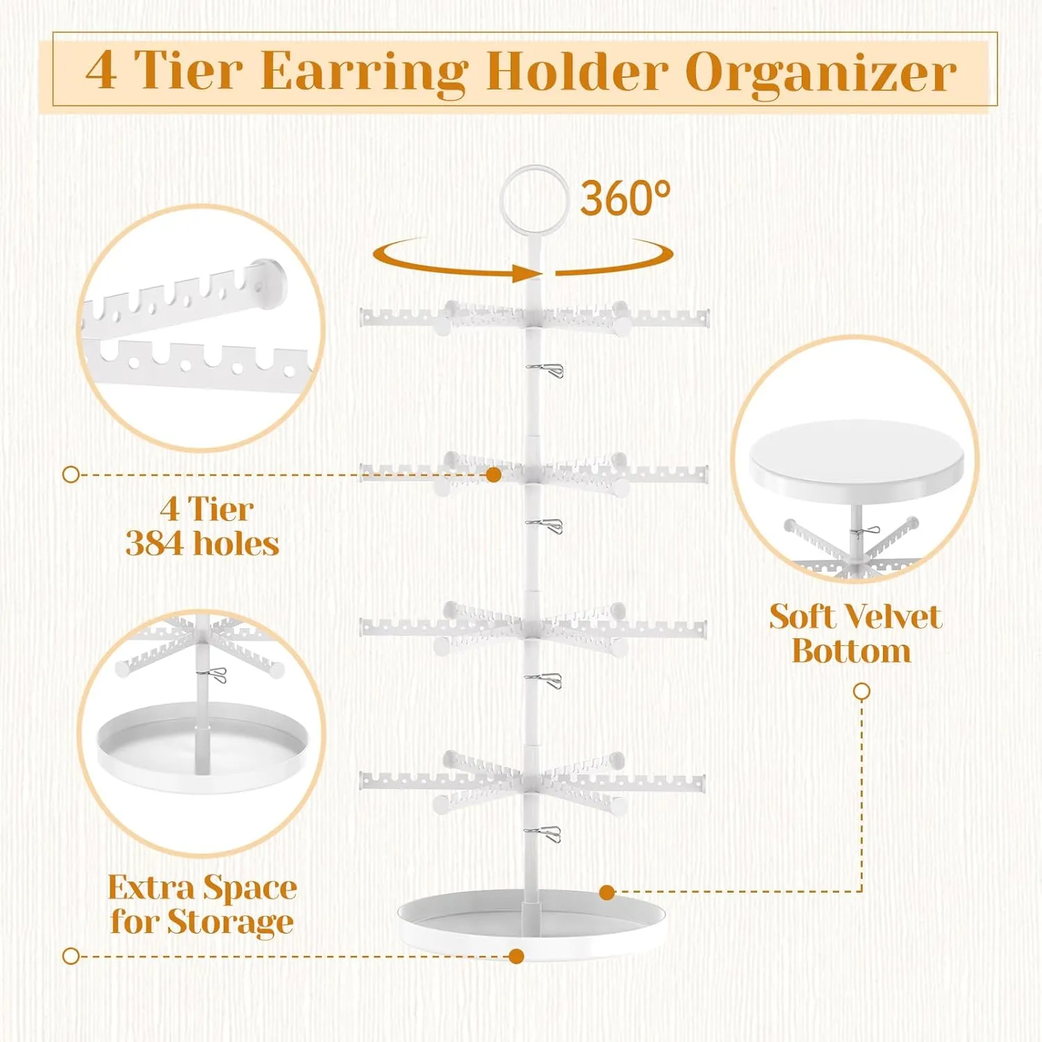 MODOWEY 4 Tier Metal Rotating Earring Holder Organizer Stand Adjustable Display Tree for Women Girl, 384 Holes and Grooves Rack Tower for Pierced Dangle Necklace Bracelet Ring(White)