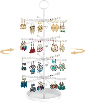MODOWEY 4 Tier Metal Rotating Earring Holder Organizer Stand Adjustable Display Tree for Women Girl, 384 Holes and Grooves Rack Tower for Pierced Dangle Necklace Bracelet Ring(White)