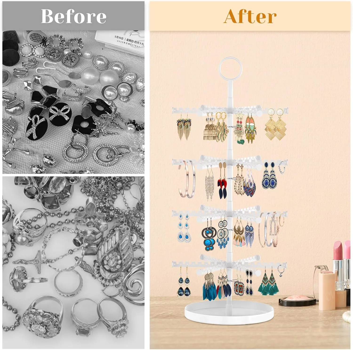 MODOWEY 4 Tier Metal Rotating Earring Holder Organizer Stand Adjustable Display Tree for Women Girl, 384 Holes and Grooves Rack Tower for Pierced Dangle Necklace Bracelet Ring(White)