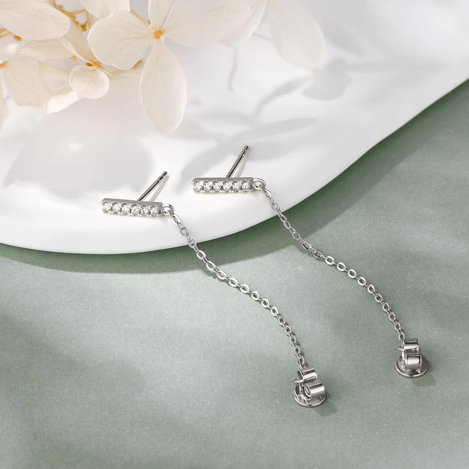 Moissanite Chain Earrings for Women Sterling Silver Stud Earrings Minimalist Bar Drop Dangle Lab Diamond Earrings Long Threader Earring Hypoallergenic Jewelry Gift