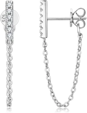 Moissanite Chain Earrings for Women Sterling Silver Stud Earrings Minimalist Bar Drop Dangle Lab Diamond Earrings Long Threader Earring Hypoallergenic Jewelry Gift