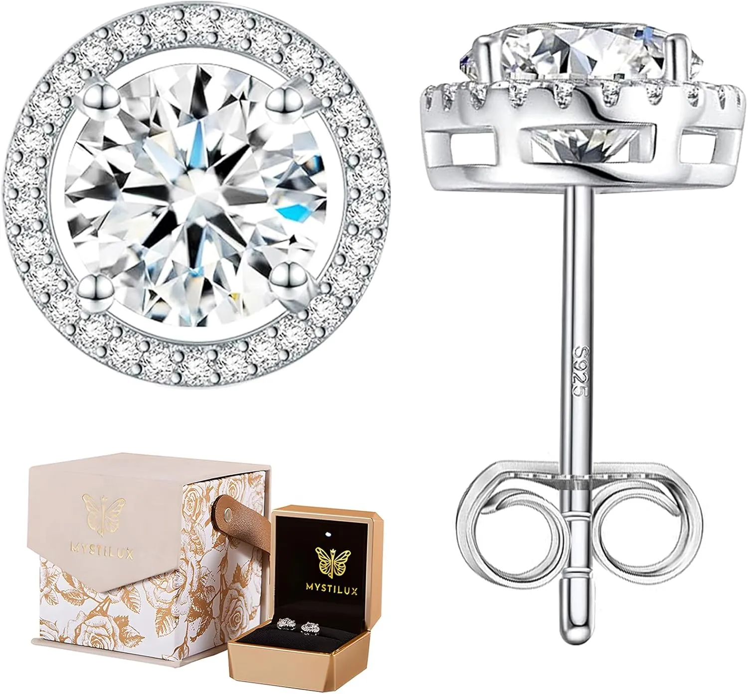 Moissanite Earrings for Men and Women in White Gold Plated Sterling Silver - Trendy Lab Grown Diamond Stud Earrings Ideal Mens Earrings for Birthdays, Weddings