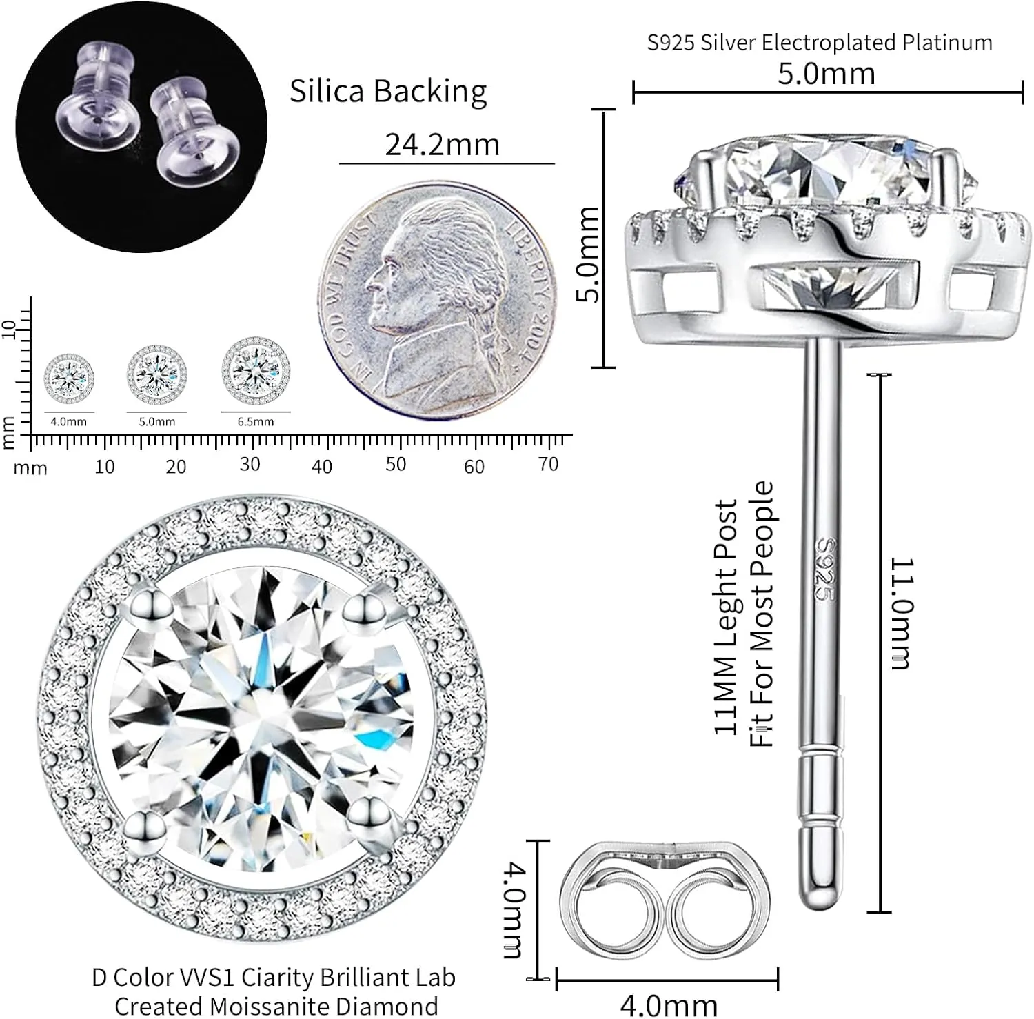 Moissanite Earrings for Men and Women in White Gold Plated Sterling Silver - Trendy Lab Grown Diamond Stud Earrings Ideal Mens Earrings for Birthdays, Weddings