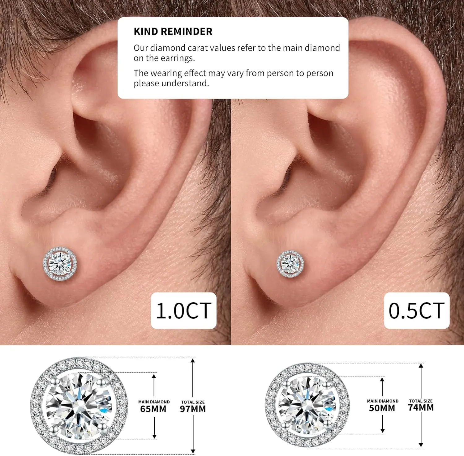Moissanite Earrings for Men and Women in White Gold Plated Sterling Silver - Trendy Lab Grown Diamond Stud Earrings Ideal Mens Earrings for Birthdays, Weddings
