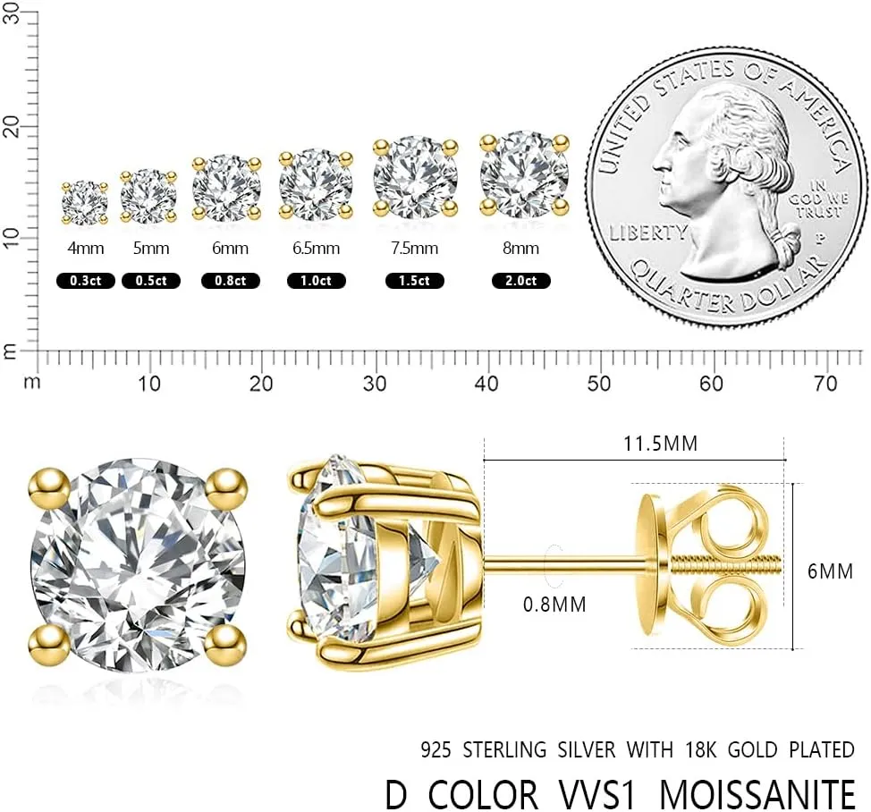 Moissanite Stud Earrings For Women, Lab Created Moissanite Earrings 925 Sterling Silver Screw Back Stud Earrings Christmas Gifts For Men