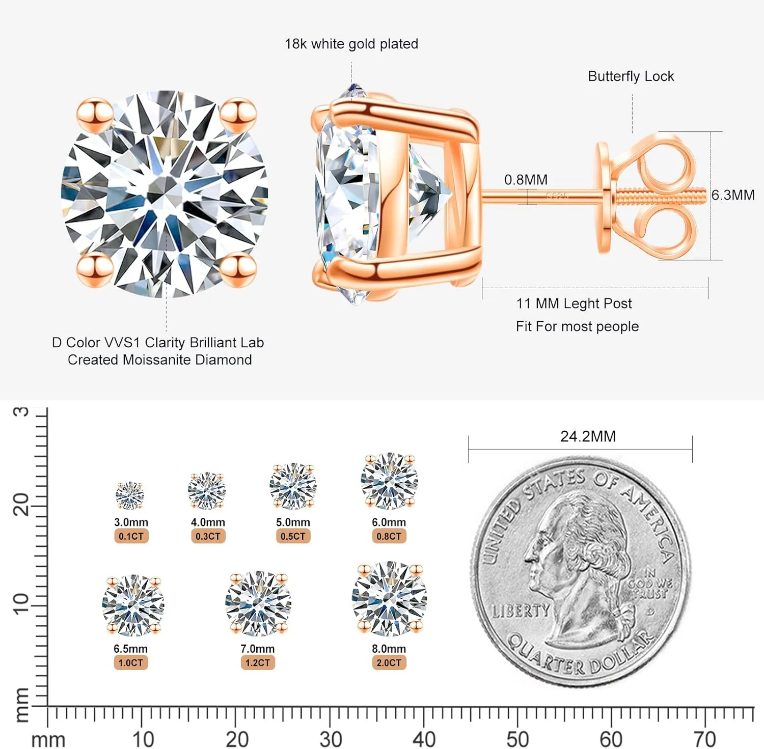 Moissanite Stud Earrings Screw Back 3-10mm 0.2ct-8.0ct 18K White Yellow Rose Gold Plated S925 Sterling Silver Round Cut D Color VVS1 Lab Created Moissanite Earrings for Women Men
