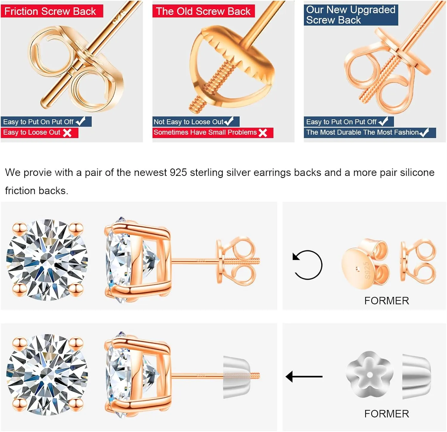 Moissanite Stud Earrings Screw Back 3-10mm 0.2ct-8.0ct 18K White Yellow Rose Gold Plated S925 Sterling Silver Round Cut D Color VVS1 Lab Created Moissanite Earrings for Women Men
