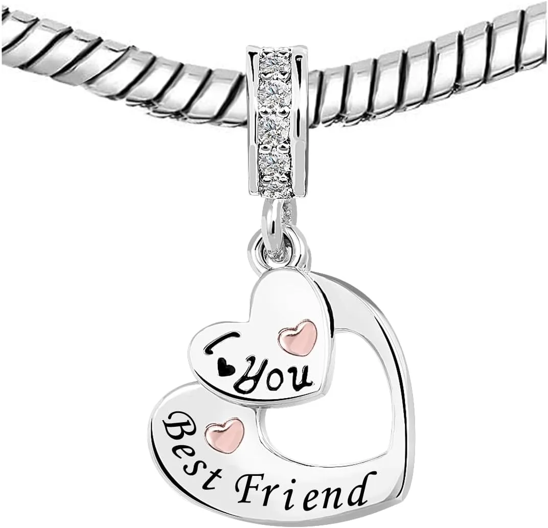 Mom/Daughter/Grandma/Granddaughter/Nana/Autie/Wife/Sister/Best Friend Rose Gold Plated Heart I Love You Charms for Bracelets Compatible with Pandora Bracelets
