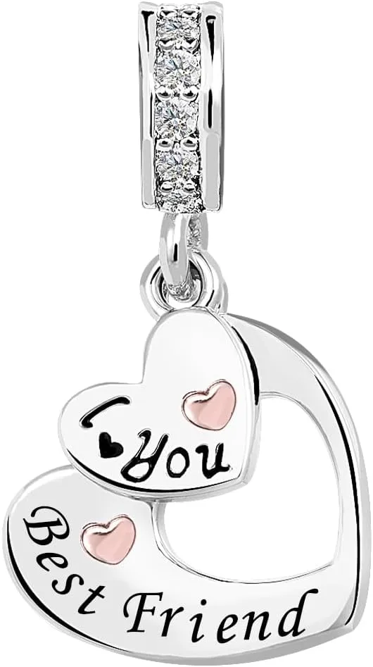 Mom/Daughter/Grandma/Granddaughter/Nana/Autie/Wife/Sister/Best Friend Rose Gold Plated Heart I Love You Charms for Bracelets Compatible with Pandora Bracelets