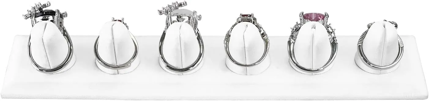 MOOCA Deluxe Leatherette 2 Pcs Set 6-Ring Organizer for Showcase Display Ring Finger Holder Jewelry Display Stands Showcase Jewelry Storage, White PU Leatherette, 7 3/4 W x 2 1/8 D x 1 3/8 H inch