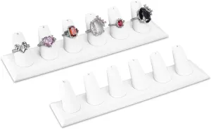 MOOCA Deluxe Leatherette 2 Pcs Set 6-Ring Organizer for Showcase Display Ring Finger Holder Jewelry Display Stands Showcase Jewelry Storage, White PU Leatherette, 7 3/4 W x 2 1/8 D x 1 3/8 H inch