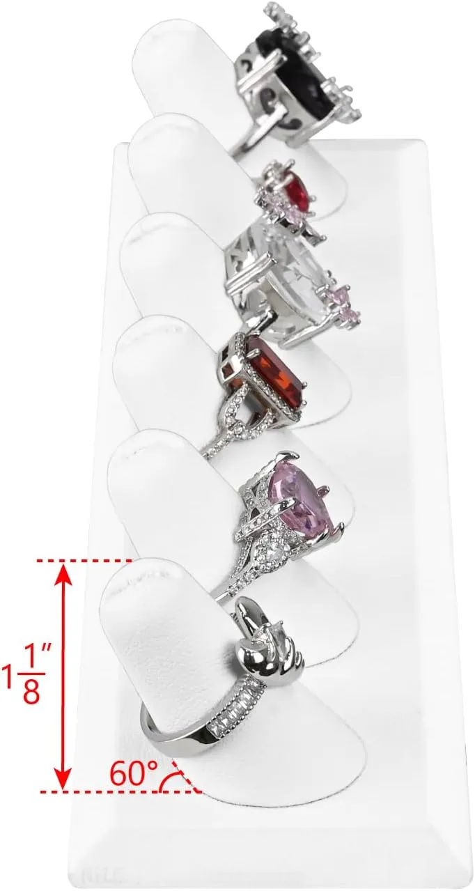 MOOCA Deluxe Leatherette 2 Pcs Set 6-Ring Organizer for Showcase Display Ring Finger Holder Jewelry Display Stands Showcase Jewelry Storage, White PU Leatherette, 7 3/4 W x 2 1/8 D x 1 3/8 H inch