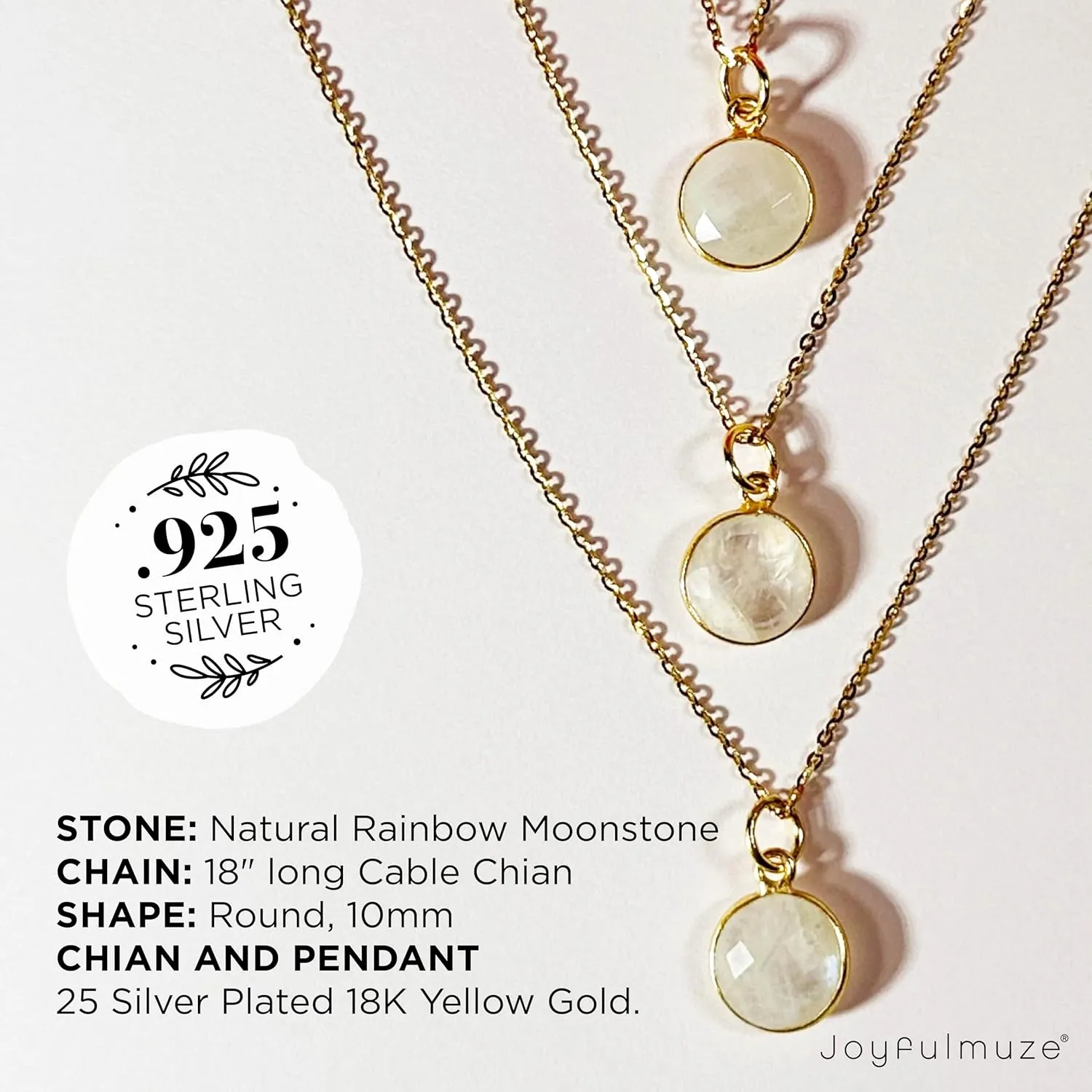 Moonstone Artisan Pendant Necklace, Round White Gemstone, 18K Plate Gold Silver 925 Jewelry, Layering Necklaces, Gift for Her June Birthstone, 18inch