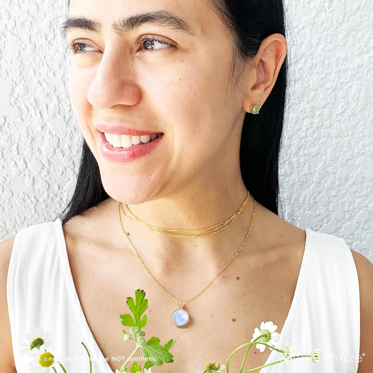 Moonstone Artisan Pendant Necklace, Round White Gemstone, 18K Plate Gold Silver 925 Jewelry, Layering Necklaces, Gift for Her June Birthstone, 18inch