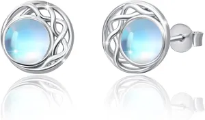 Moonstone Stud Earrings Sterling Silver Rainbow Moonstone Hypoallergenic Earrings Tiny Lightweight Piercing Stud Jewelry for Women Friend with Gifts Box