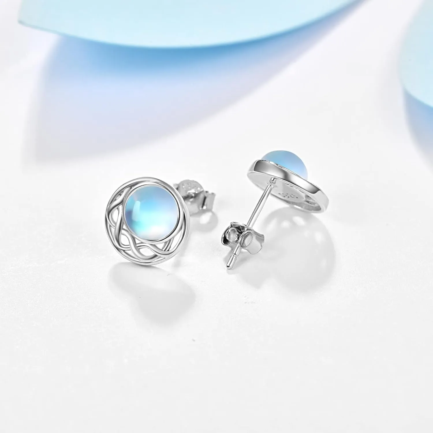Moonstone Stud Earrings Sterling Silver Rainbow Moonstone Hypoallergenic Earrings Tiny Lightweight Piercing Stud Jewelry for Women Friend with Gifts Box