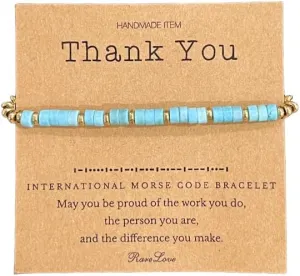 Morse Code Beaded Bracelets Tiny Turquoise Stone Beads Morse Code String Rope Bracelets Godmother New Beginning You'll be Missed BFF Thank You Graduation Baptism Goodbye GIft with Message Card