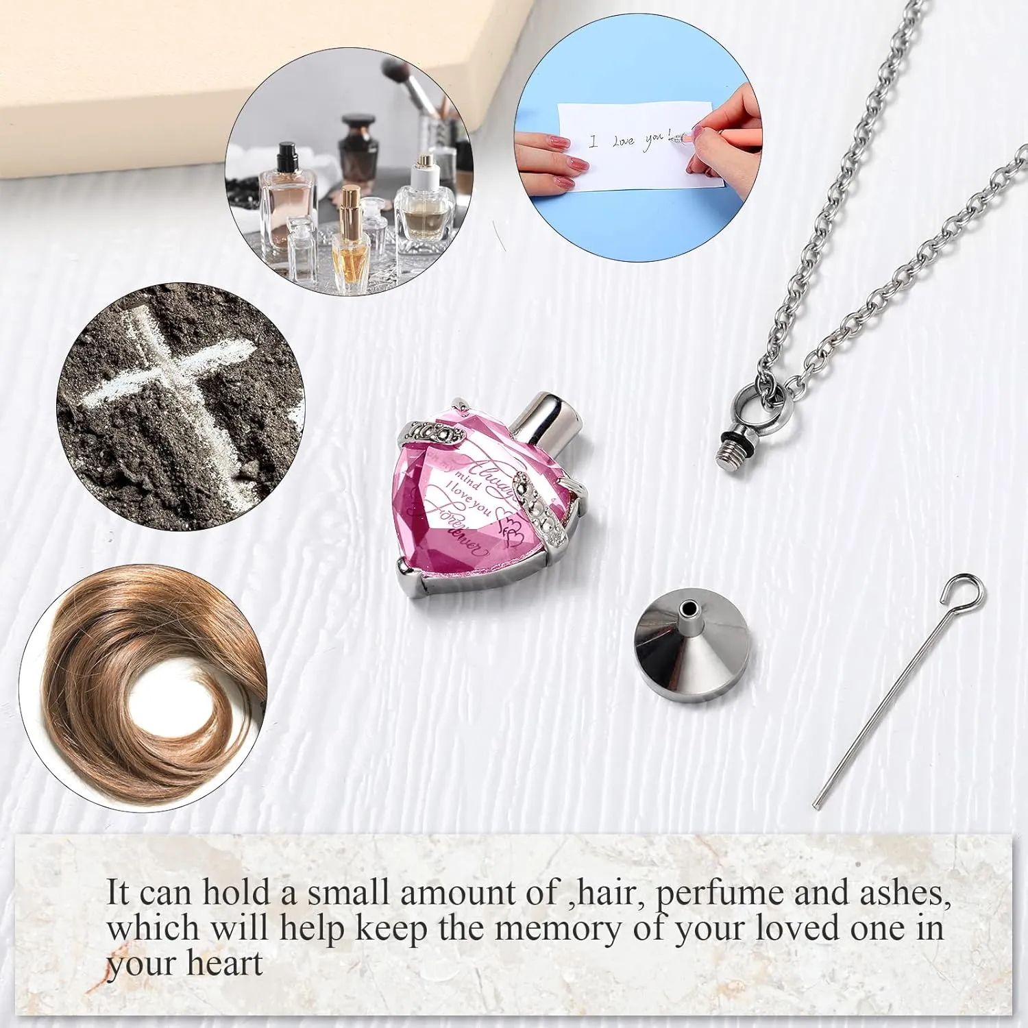 MTLEE 3 Pieces Cremation Urn Necklace for Ashes Vertical Bar Zircon, Heart Crystal Necklace Urn Stainless Steel Waterproof Memorial Pendant