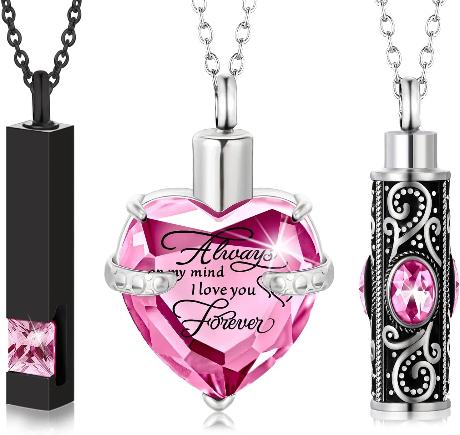 MTLEE 3 Pieces Cremation Urn Necklace for Ashes Vertical Bar Zircon, Heart Crystal Necklace Urn Stainless Steel Waterproof Memorial Pendant