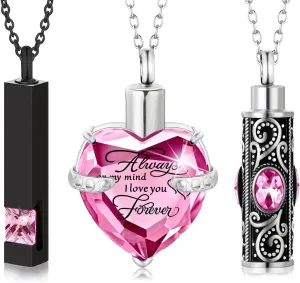 MTLEE 3 Pieces Cremation Urn Necklace for Ashes Vertical Bar Zircon, Heart Crystal Necklace Urn Stainless Steel Waterproof Memorial Pendant