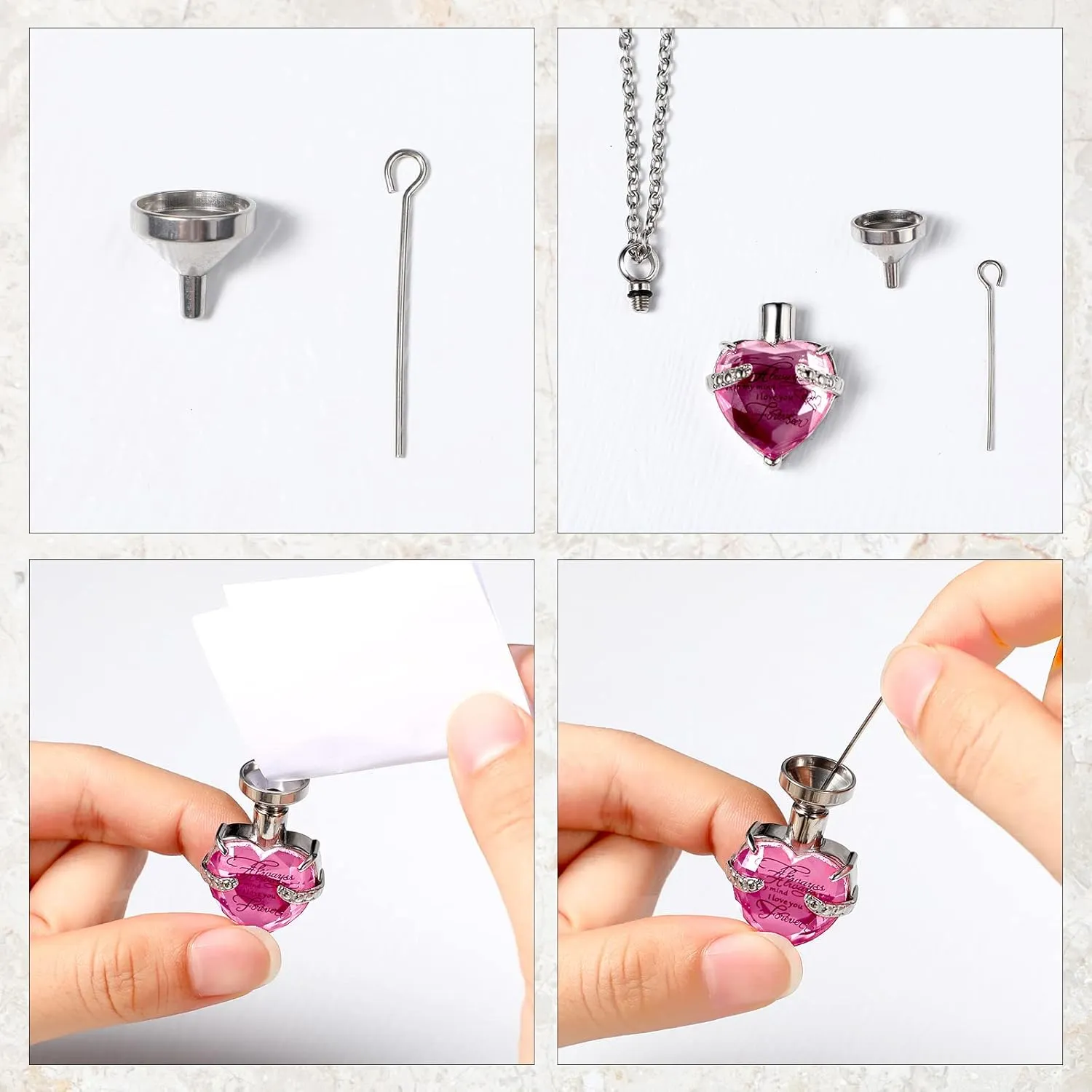 MTLEE 3 Pieces Cremation Urn Necklace for Ashes Vertical Bar Zircon, Heart Crystal Necklace Urn Stainless Steel Waterproof Memorial Pendant