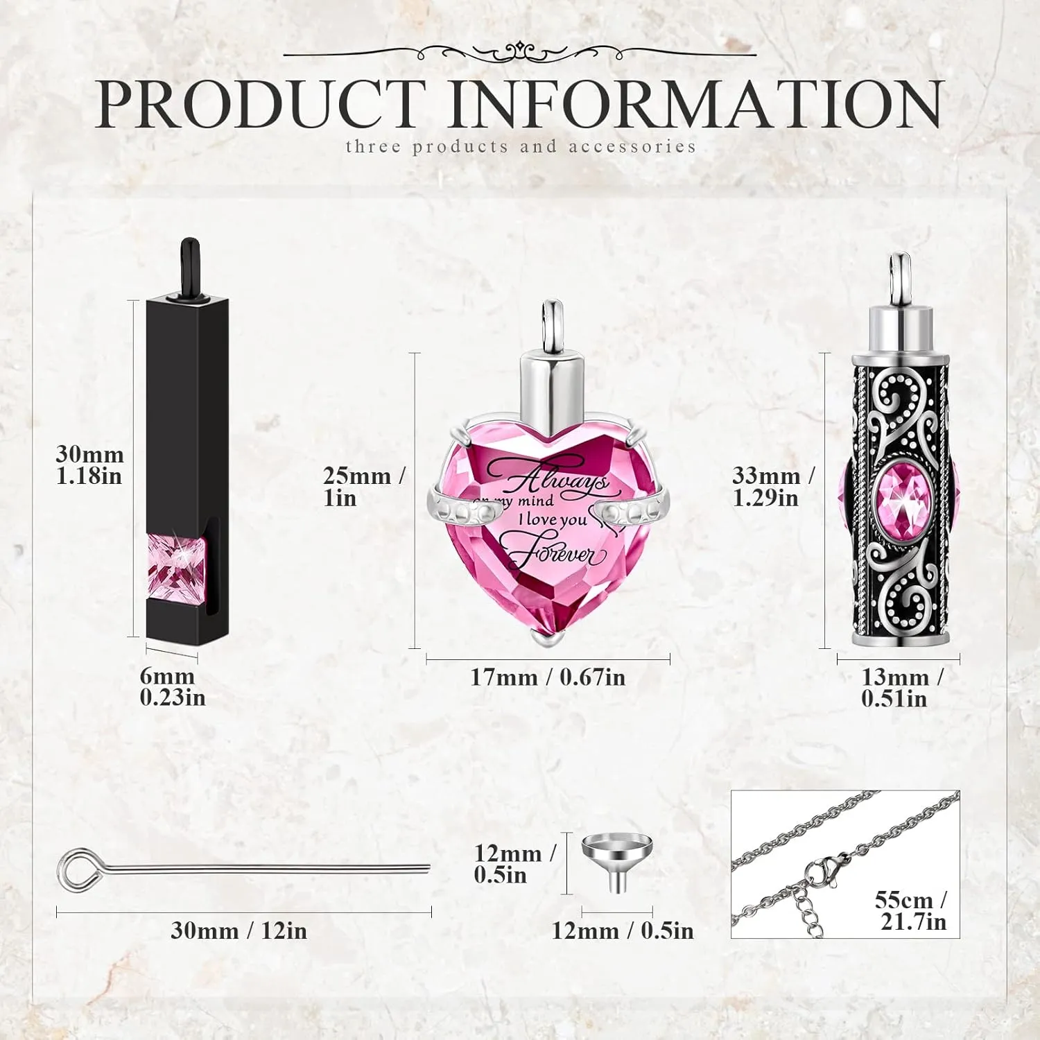 MTLEE 3 Pieces Cremation Urn Necklace for Ashes Vertical Bar Zircon, Heart Crystal Necklace Urn Stainless Steel Waterproof Memorial Pendant
