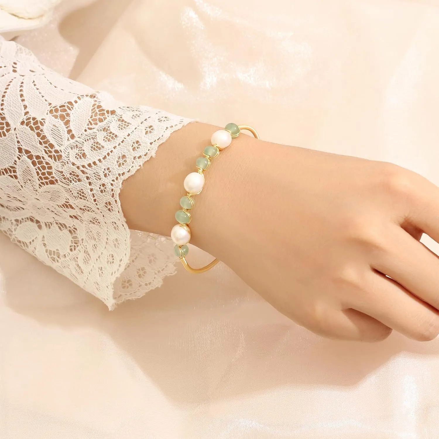 Natural Green Jade & Pearls Bracelets for Women, Natural Freshwater Pearls Jade Bracelets Jewelry Bangle, Lucky Green Jade Jewelry for Mom Lover Her