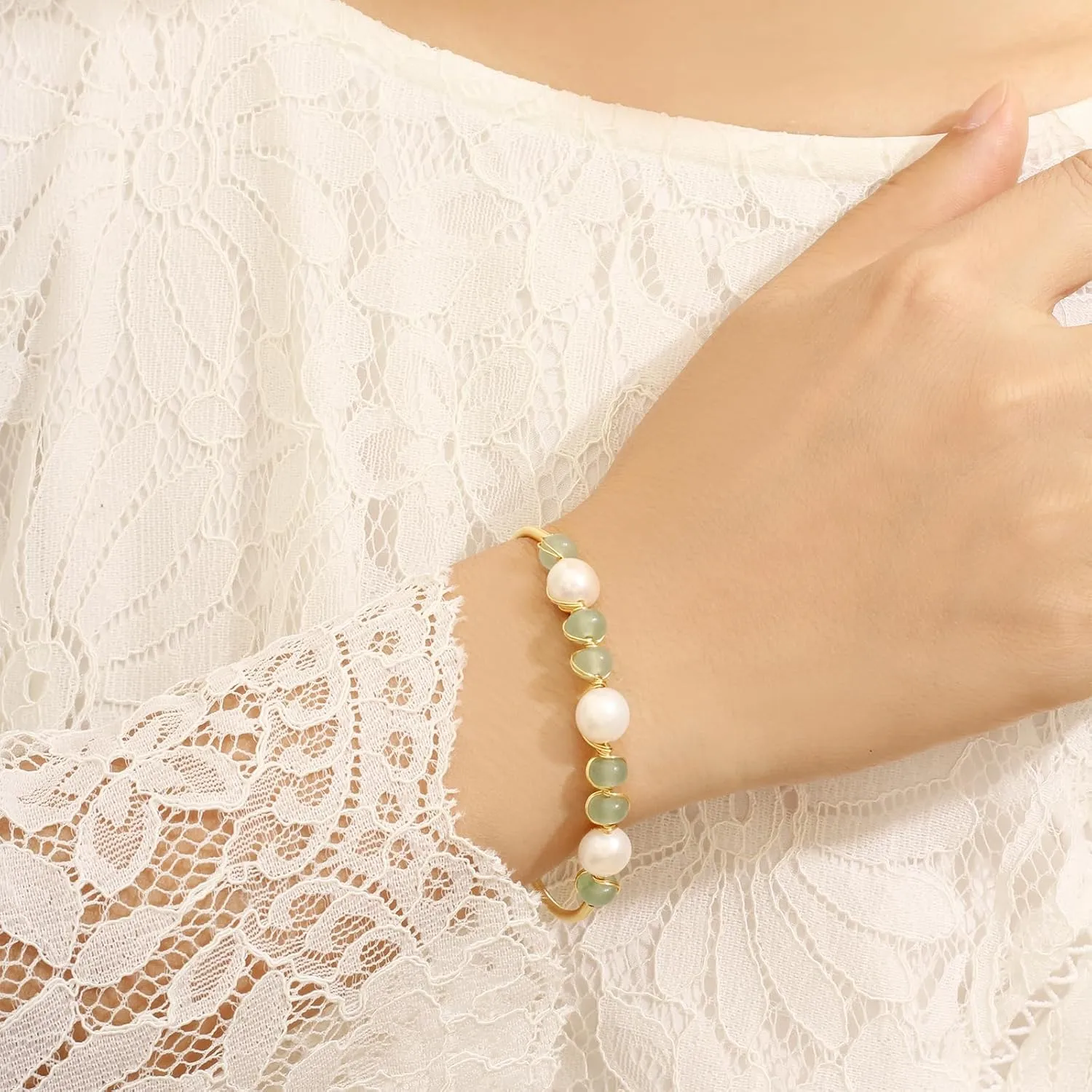 Natural Green Jade & Pearls Bracelets for Women, Natural Freshwater Pearls Jade Bracelets Jewelry Bangle, Lucky Green Jade Jewelry for Mom Lover Her
