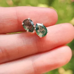 Natural Moss Agate Stud Earrings Minimalist Studs Pear Cut Faceted Moss Agate Stud Earrings Girls Earring 925 Sterling Silver Green Agate Natural Stone (Rose Gold)