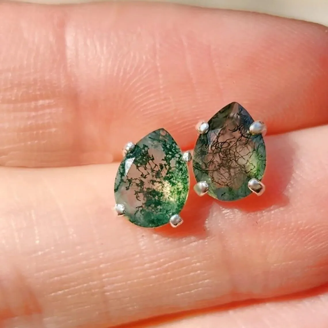 Natural Moss Agate Stud Earrings Minimalist Studs Pear Cut Faceted Moss Agate Stud Earrings Girls Earring 925 Sterling Silver Green Agate Natural Stone (Rose Gold)