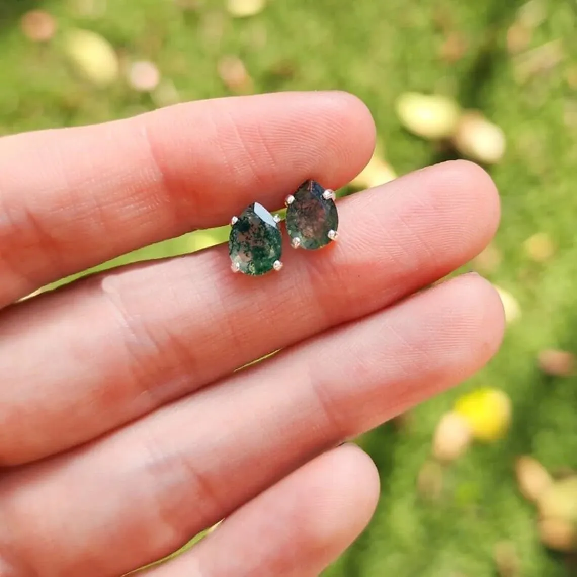 Natural Moss Agate Stud Earrings Minimalist Studs Pear Cut Faceted Moss Agate Stud Earrings Girls Earring 925 Sterling Silver Green Agate Natural Stone (Rose Gold)